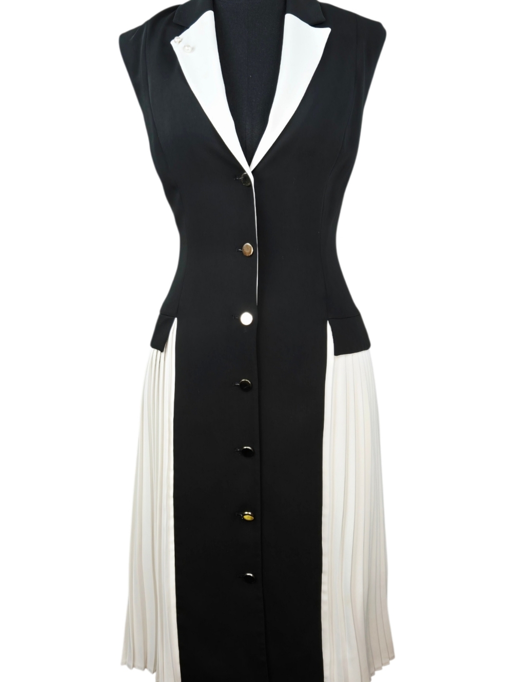 JOSEPH & EREN Paris Black White Pleated Dress Contrast Lapel Button Front US 10 - Picture 9 of 15